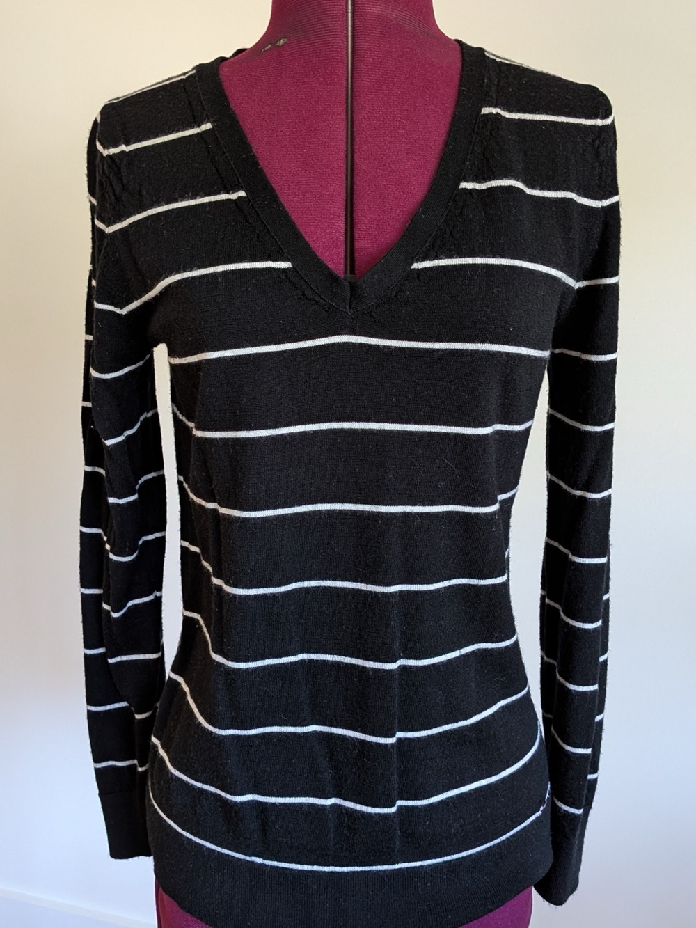 Banana Republic Black V-Neck Merino Wool Sweater with White Stripes